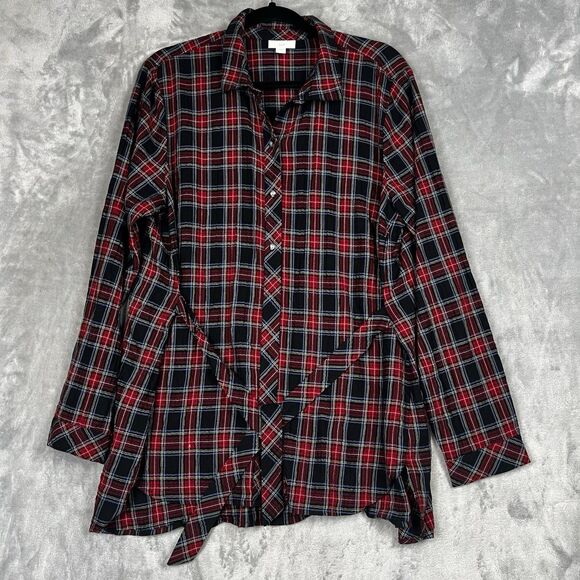 J Jill Women  Blouse Large Popover Tunic Tartan Plaid Button Belted Preppy - Picture 2 of 10